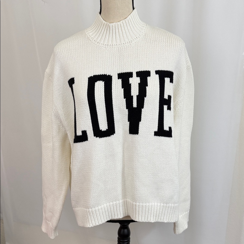 Woman’s NWOT Elegant Cream Turtleneck Sweater with Black 'LOVE' Motif Size L